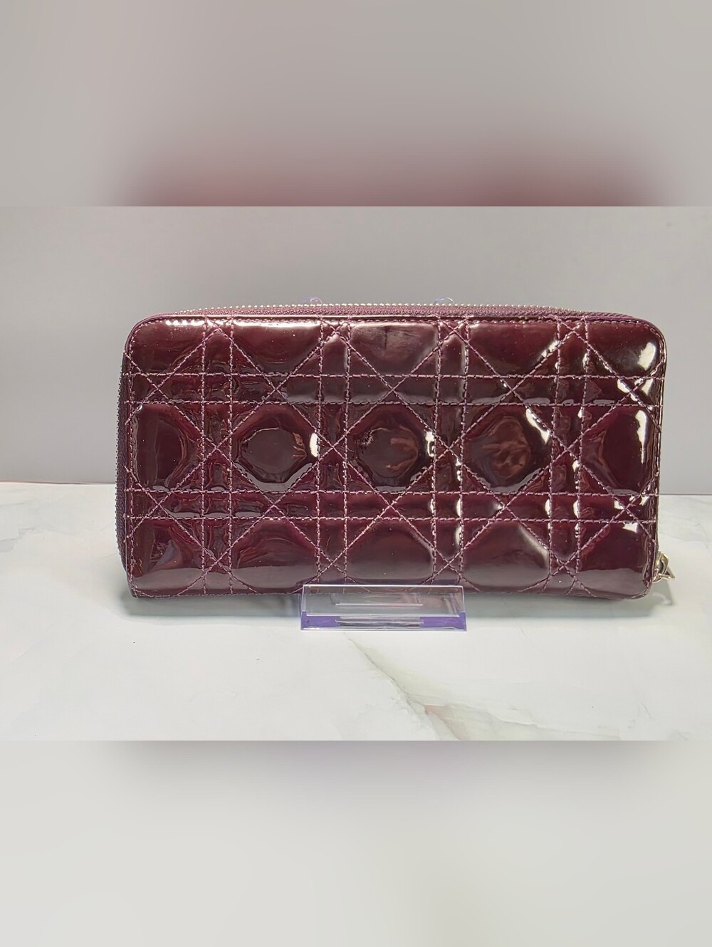Christian Dior Cannage Patent Leather Zip Around Wallet Burgundy | COA - Picture 2 of 10